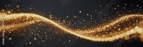 Fototapeta Sparkling golden wave flows gracefully across a dark background, creating a mesmerizing visual effect with shimmering particles