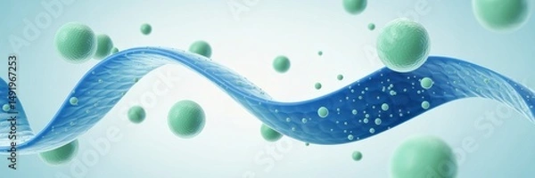 Fototapeta Intricate wave pattern with green spheres representing molecular structures in a scientific visualization