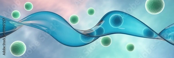 Fototapeta Scientific visualization of abstract microbes and blue flowing liquid representing cellular activity in a vibrant environment