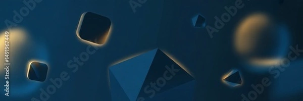 Fototapeta Abstract geometric shapes floating in a dark blue background with soft lighting effects at night
