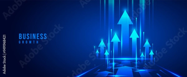 Obraz Business growth arrow on dark blue technology background with perspective speed light effect for presentation