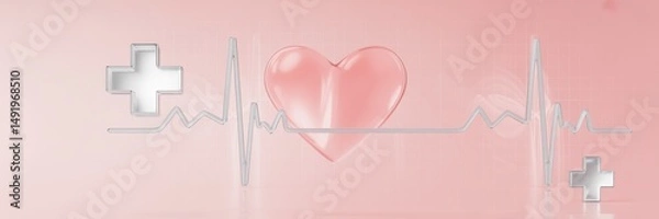 Fototapeta Heart symbol with medical icons and heartbeat line on a soft pink background