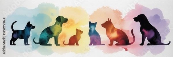 Fototapeta Colorful silhouettes of dogs and cats arranged in a playful display with a soft watercolor background