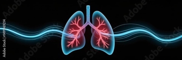 Fototapeta Detailed illustration of human lungs showing bronchial tree and airflow representation in a dark background