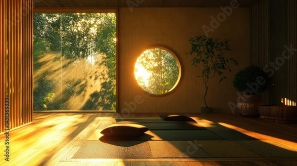 Fototapeta Sunlit Serenity: A Minimalist Interior for Meditation and Tranquil Reflection