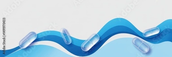 Fototapeta Colorful capsules floating on smooth blue waves against a light background create a tranquil and modern atmosphere