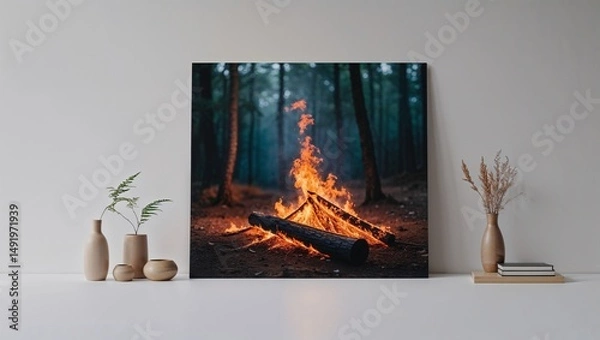 Obraz Cozy campfire burning in the forest with trees in the background  