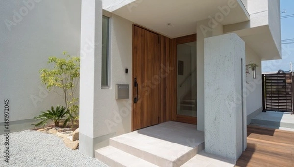 Obraz Simple wooden front door serving as the modern entrance to a stylish home.