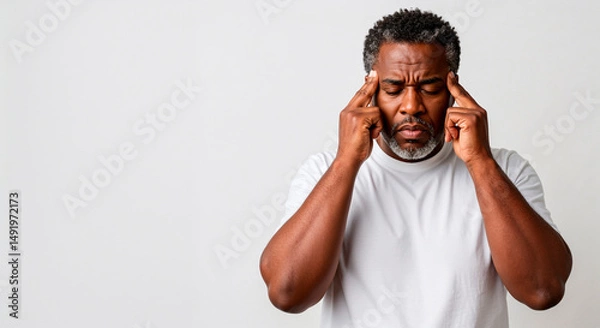 Obraz Man holding his head with a pained expression against a plain background  