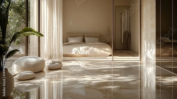 Obraz interior with open bedroom behind soft-tinted glass, sunlight on cream-colored textiles and marble flooring