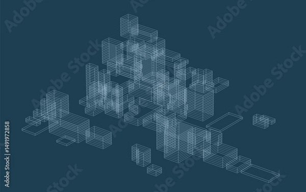 Fototapeta Abstract 3D dynamic wireframe. Geometric perspective background.  Abstract matrix wireframe background for template design. Vector illustration.