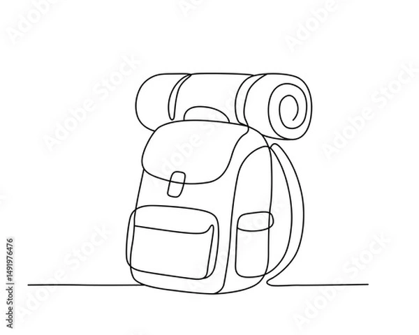 Fototapeta Continuous line art of a backpack with a rolled sleeping bag, simple and modern