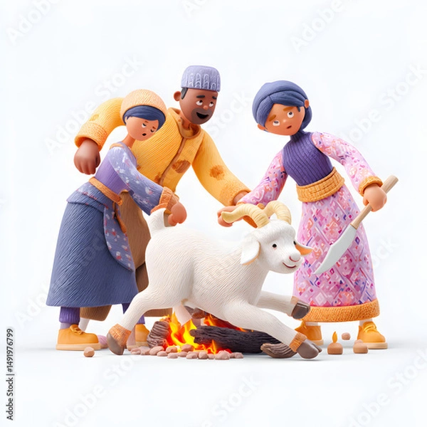 Fototapeta Animated figures depict a family sacrificing a goat on Eid al-Adha, created with claymation style.