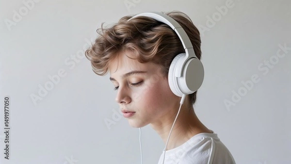 Obraz Teen boy listening to music with headphones in a minimalist setting  