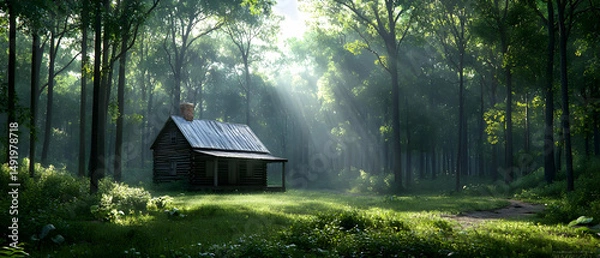 Fototapeta Rustic Cabin In Forest Sunlight