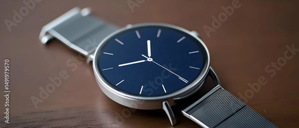 Fototapeta Closeup Of Stylish Modern Smartwatch With Dark Blue Display And Silver Mesh Band