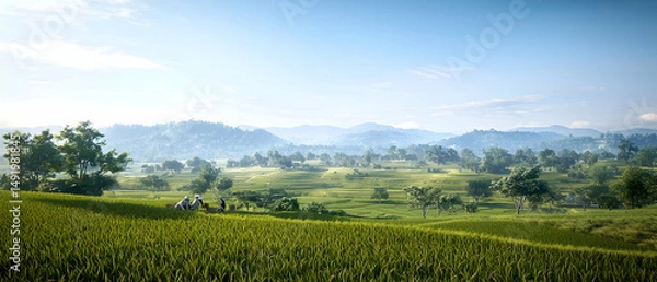 Fototapeta Rolling Hills And Green Fields Under Clear Blue Sky