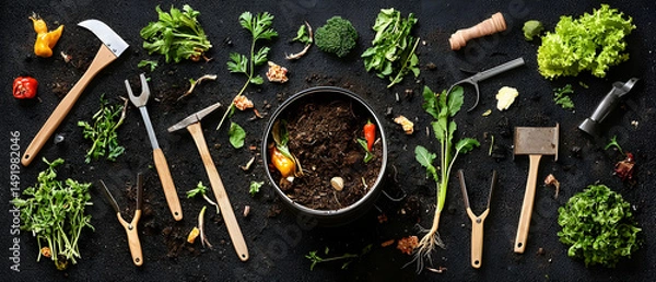 Fototapeta Composting Tools And Vegetables On Dark Soil