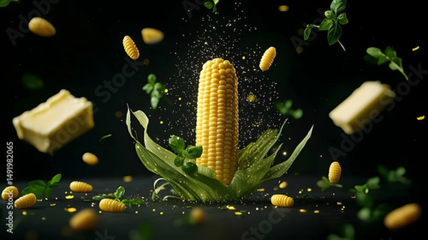 Fototapeta Edible Corncob With Butter And Herbs On Black Background