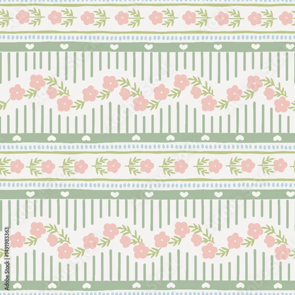 Fototapeta Vector cute cartoon hand drawn illustration. Seamless pattern of pink flowers and leaves on horizontal striped background with heart. Ideal for textile print, baby clothes, wallpaper, cleaning.