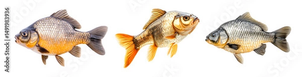 Fototapeta Set of fresh Crucian carp fish with detailed scales and fins, isolated on white transparent background, concept of aquatic life