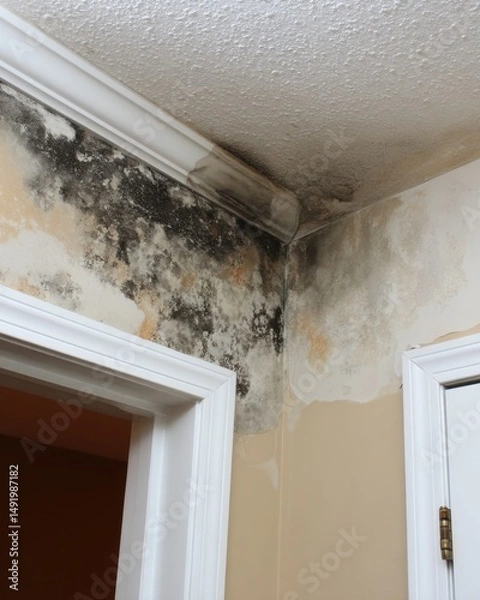 Fototapeta Mold growth on ceiling and walls of interior room showing water damage and neglect in residential building close up shot