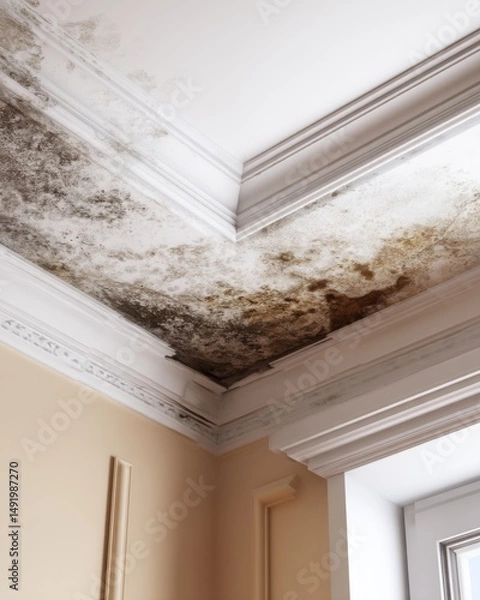 Fototapeta Mold Damage on Ceiling in Home Interior Close Up Showing Water Leak and Growth Problem in Corner with Crown Molding