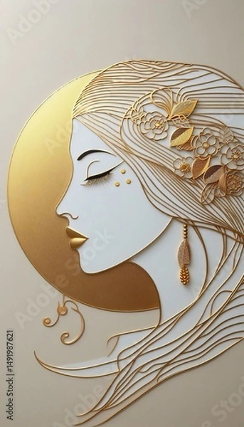 Fototapeta Elegant gold and white wall art featuring a woman's profile with floral accents in a contemporary setting