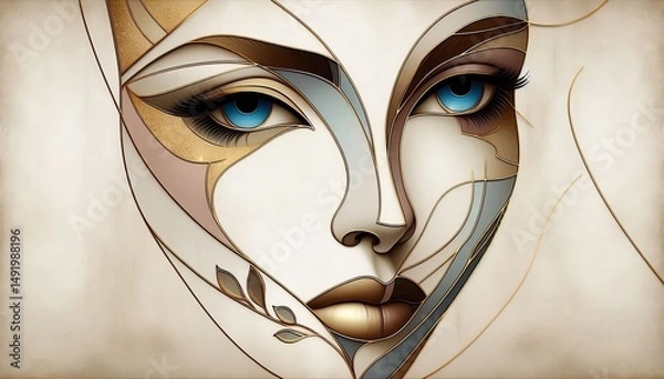 Fototapeta Abstract portrait with intricate design and striking blue eyes displayed against a neutral background