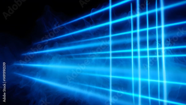 Fototapeta Futuristic Neon Blue Light Beams with Smoke on Dark Background, Abstract Technology Illustration for Sci-Fi, Data Visualization and Conceptual Design