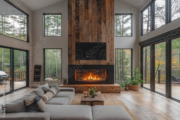 Fototapeta Modern rustic living room with large fireplace, reclaimed wood and steel beam wall, glass windows overlooking trees, light wooden floor, gray sofa, ceiling-mounted TV, high ceilings, and white walls