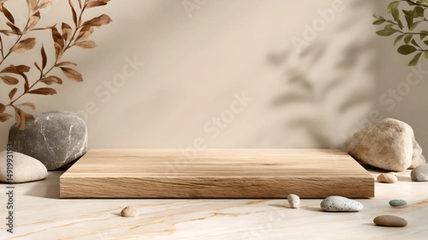 Fototapeta Wooden platform with stones and leaves against a beige wall with shadows for product display