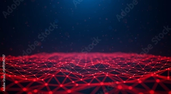 Fototapeta Abstract red network, nodes, lines, dark background.  Digital connection concept