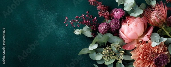 Fototapeta Autumn floral bouquet with dahlia, peony and vine leaves on a dark green textured surface, providing a place for text. Elegant design for a postcard or banner.