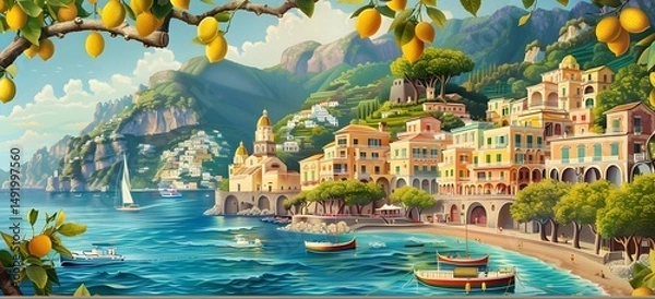 Fototapeta Amalfi Coast Italy with Lemon Trees, Sea, and Coastal Buildings