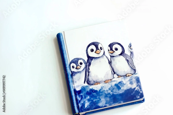 Fototapeta A hardcover notebook with a watercolor illustration of adorable baby penguins on the cover, placed on a white background. The blue tones and artistic design create a charming and cozy aesthetic.