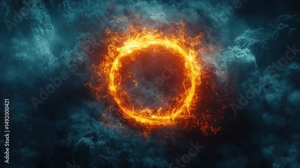 Fototapeta Glowing orange ring surrounded by blue smoke and chalk texture, abstract visual with dramatic lighting, modern contrast, and surreal atmosphere, 32k Resolution