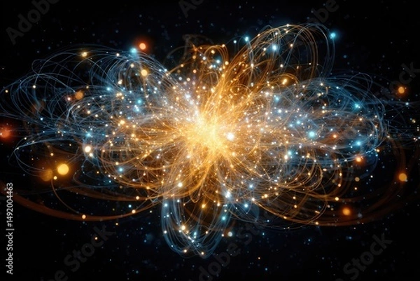 Fototapeta Abstract representation of subatomic particles interacting.  Complex interplay of energy, light, and matter