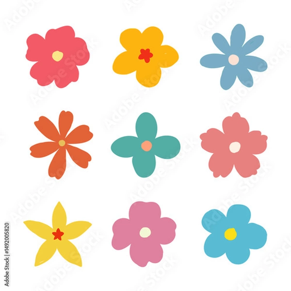 Fototapeta Collection of colorful flower elements in vector format, featuring cute round flower head in various shapes. Hand drawn simple botanical spring blossom art. Abstract flower icon set.