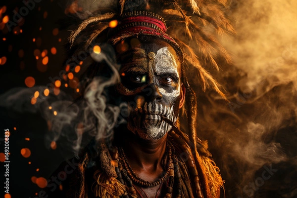 Obraz A man in skull face paint and tribal attire holds a smoking pipe against a mystical backdrop. voodoo concept. Generative AI
