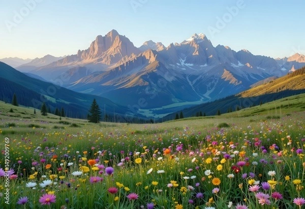 Obraz Vibrant wildflowers bloom under serene mountains at sunrise in Dolomites