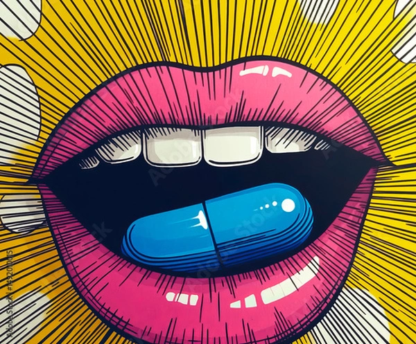 Fototapeta A bold pop art illustration featuring vibrant pink lips holding a blue capsule pill against a dynamic yellow background .