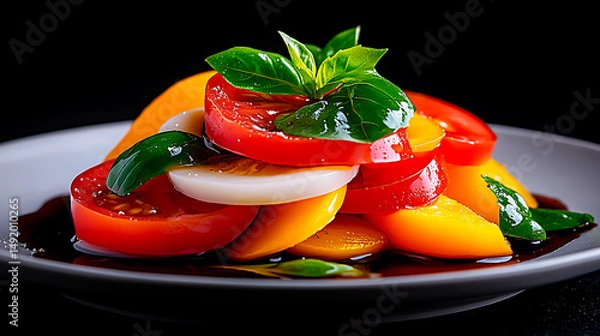 Fototapeta Fresh Vegetable Salad With Vibrant Colors and Basil Served on a White Plate