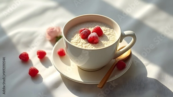 Obraz Delicious Oatmeal Breakfast with Raspberries in a Cup