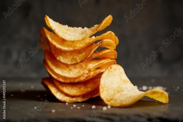 Fototapeta Stacked Potato Chips on Dark Surface