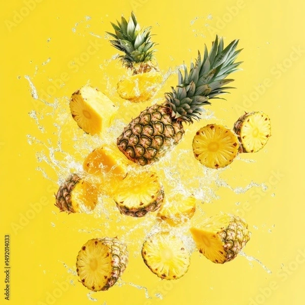 Fototapeta Pineapple Explosion Studio Shot on Yellow Backdrop Fresh Fruit Slices and Whole Tropical Food with Splash of Water