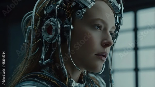 Obraz Close up of a woman with a complex headset and wires looking to the side in a futuristic setting
