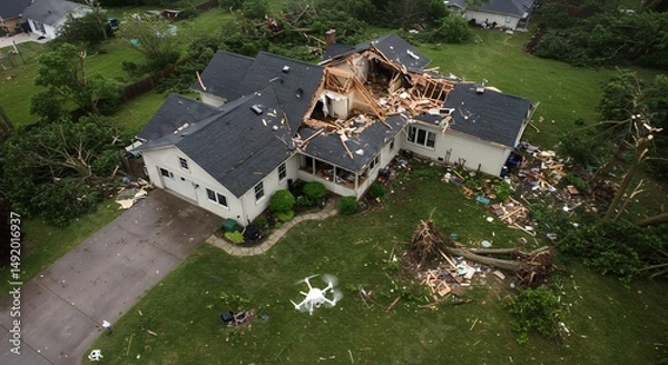 Fototapeta House After Storm Damage with Collapsed Roof