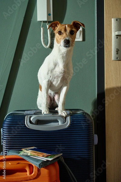 Obraz Small dog sits on blue suitcase next to orange luggage and travel documents near door. Concept of traveling with pets