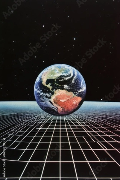 Fototapeta Earth on Space Time Grid in Starry Sky Cosmology Visualizing Gravity and the Universe Concept Science